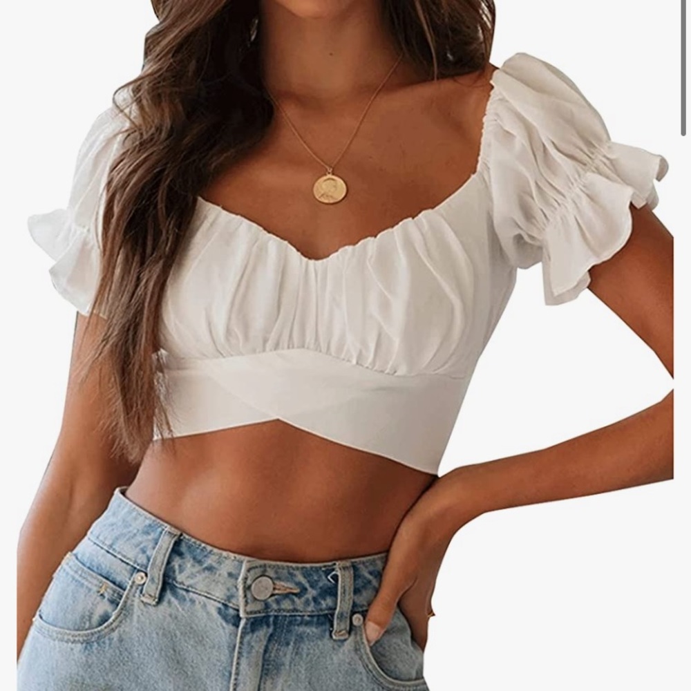 Women's Ruffle Short Sleeve Tie Up Back Crop Top Off Shoulder Bardot Blouse